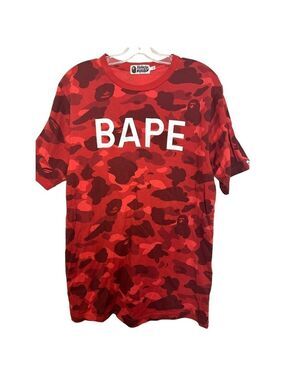 A Bathing Ape BAPE Color Red Camo College Logo Crewneck Tee Rare Made in Japan